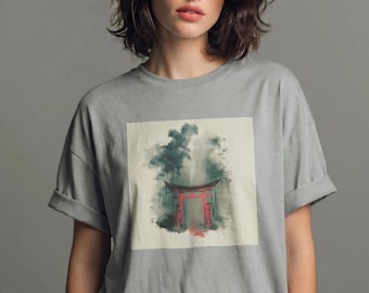 Organic Cotton Bamboo Forest Torii Art T-Shirt, Ukiyo-e Japanese Streetwear Tee