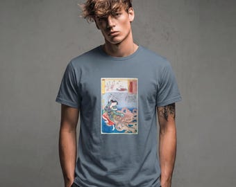 Organic Cotton Ukiyo-e Hokusai Octopus and Genji T-Shirt |Japanese Art Tee