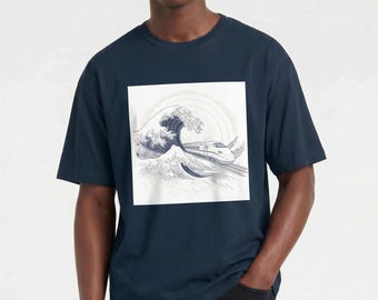 Organic Cotton Hokusai Wave ＆ShinkansenShirt | Japanese Art Ukiyo-e Tee, Unisex Gift For Japan Lover