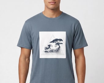 Organic Cotton Ukiyo-e Wave Pine Tree Shirt: Japanese Art Graphic Tee Unisex