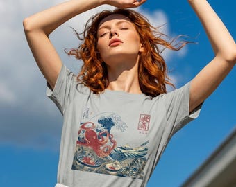 Organic Cotton Ukiyo-e Octopus Wave Shirt | Japanese Art Graphic Tee, Vintage Style