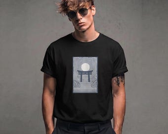 Organic Cotton Japandi Torii Zen Garden T-Shirt, Vintage Japanese Art Tee