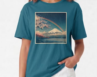 Organic CottonOrganic Cotton Mount Fuji Sakura Rainbow T-Shirt, GOTS Certified Ukiyo-e Japanese Art Tee