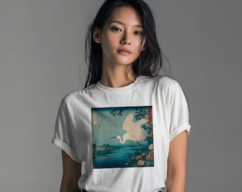 Organic Cotton Ukiyo-e Crane T-Shirt | Japanese Art Graphic Tee