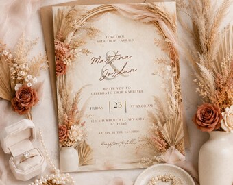 Boho Wedding Invitation Editable Canva Template