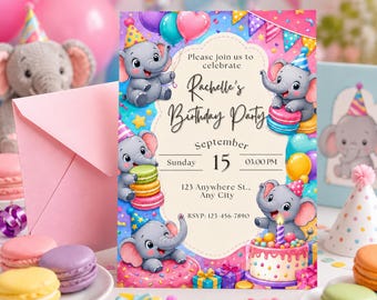 Editable Elephant Birthday Invitation, Colorful Kids Party Template (Digital Download)