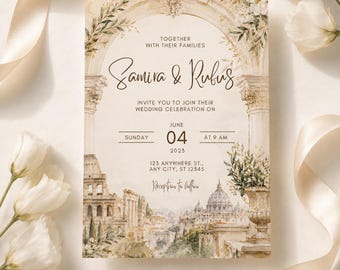 Italian Wedding Invitation Template, Vintage Watercolor Rome Invite (Digital Download)