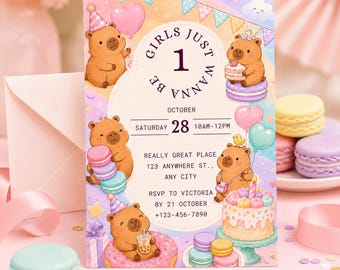 Bear 1st Birthday Invitation, Pastel Teddy Bear Party Invite (Digital Download)