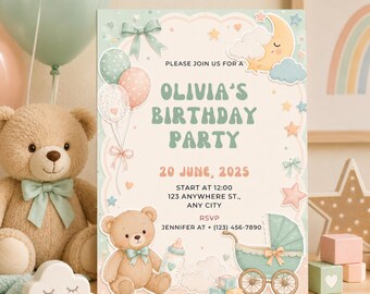 Pastel Teddy Bear Birthday Invitation Editable Canva Template