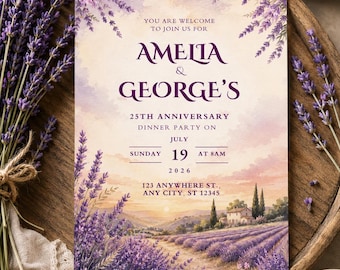 Lavender Anniversary Invitation Template | Editable Digital Download