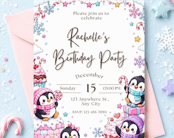 Penguin Birthday Invitation Canva Editable