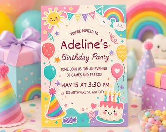 Rainbow Birthday Invitation Canva Editable