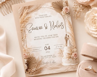 Boho Wedding Invitation Editable Canva Template