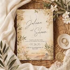 Santorini Wedding Invitation Template, Bougainvillea Floral Coastal, Greek Island Canva (Digital Download PDF)