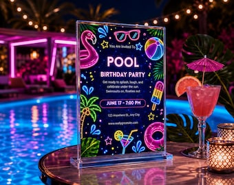 Neon Pool Party Birthday Invitation