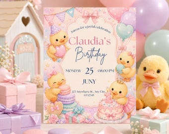 Duckling Birthday Invitation, Pastel Girl Party Invite, Editable Canva Template (Digital Download)