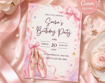 Ballerina Birthday Invitation, Pink Ballet Shoes Party Invite (Digital Download)