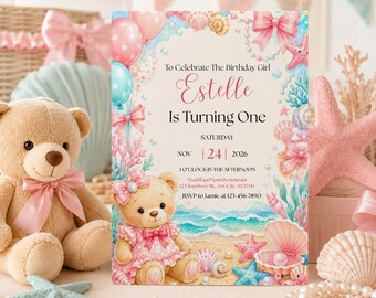 Teddy Bear Beach Birthday, Under The Sea Girl Birthday Party, Printable Digital Invite