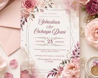 Romantic Floral Wedding Invitation Template, Editable Canva Wedding Invite