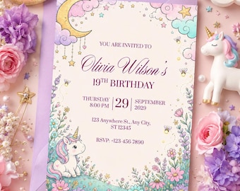 Unicorn Birthday Invitation Canva Editable