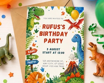 Dinosaur Birthday Invitation Template, Roar Theme Kids Party Invite (Digital Download)