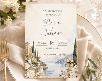 Lake Como Wedding Invitation, Watercolor Italian Villa Invite, Romantic Canva Template (Digital Download)