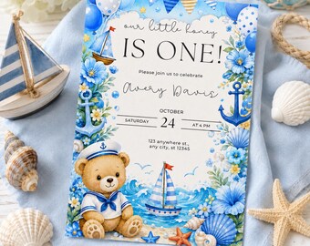 Blue Ocean Birthday Party, Printable Baby Boy Birthday Invitation
