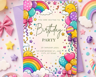 Rainbow Birthday Party Invitation Canva Editable