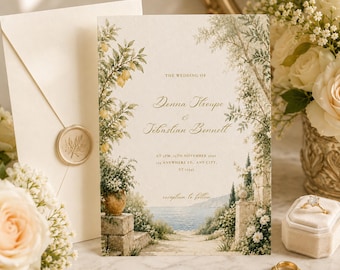 Mediterranean Wedding Invitation, Olive Branch Coastal Italy Invite (Digital Download)