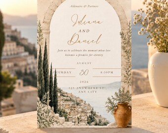 Mediterranean Wedding Invitation, Italian Coastal Arch, Terracotta Elegant Printable (Digital Download)