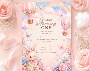 Editable First Birthday Invitation Template, Bunny Birthday Invite