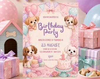 Puppy Birthday Invitation, Editable Dog Party Invite, Pastel Kids Canva (Digital Download)