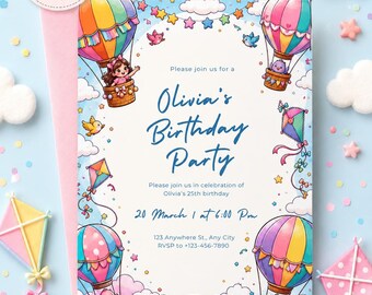Hot Air Balloon Birthday Invitation Canva Editable