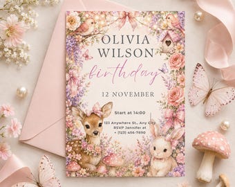 Woodland Birthday Invitation Template, Editable Canva Invite,