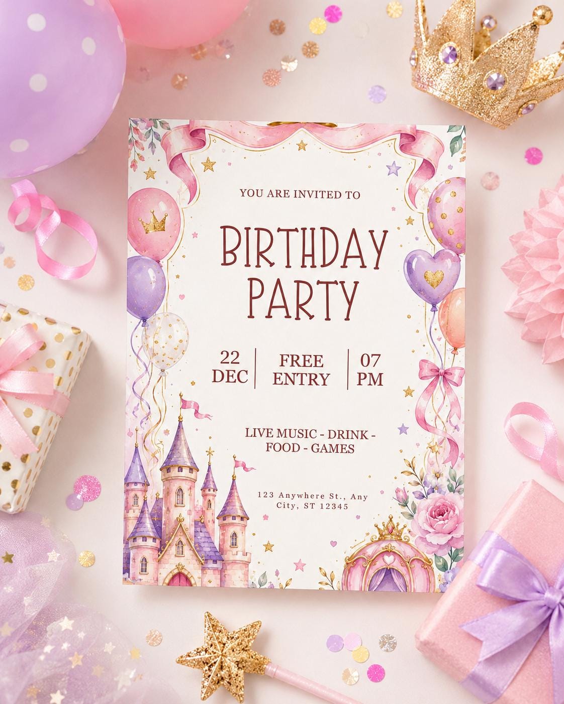 Invitación de cumpleaños de princesa, invitación a fiesta de cuento de hadas con castillo rosa (descarga digital)