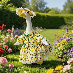 May include: A white goose figurine wearing a yellow floral dress and matching hat with a white lace trim. The goose stands in a garden surrounded by colorful flowers and green grass.