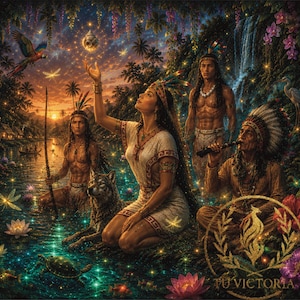 May include: A vibrant digital illustration featuring four figures in a lush tropical river setting at sunset. A central figure kneels near a wolf, reaching toward a glowing orb. Nearby, a figure holds a bow, another stands, and one plays a flute. The scene includes a parrot, a turtle, lotus flowers, and the gold text TU VICTORIA.