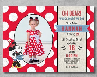 Vintage Minnie Mouse Birthday Invitation - Girl - Red - Minnie Mouse Themed Party - 2nd Second Birthday - Customizable - Printable - DIY
