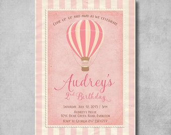 Vintage Inspired - Shabby Chic - Hot Air Balloon Invitation - Birthday - Baby Shower - Girl - Pink - Customizable - DIY Printable - Digital