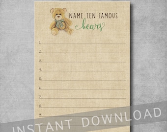 Famous Bear Name Game - 5x7 inches - Baby Shower Game - Teddy Bear Party - Green Brown Burlap - DIY - Digital - Printable - INSTANT DOWNLOAD