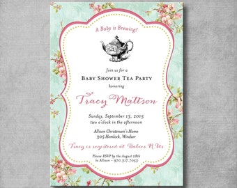 5x7 Printable Baby Shower Tea Party Invitation - Tea Party Invite - Vintage - Shabby Chic - Customizable - Birthday Invitation - Digital