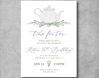 Lavender Birthday Tea Party Invitation - 30th - 40th - 50th - 60th - 70th - 80th - 90th Birthday Party - Customizable - Printable - DIY