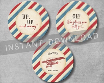 Vintage Airplane Cupcake Toppers - Birthday - Airplane Party - Up Up and Away - Red and Blue - Decoration - Printable DIY - INSTANT DOWNLOAD