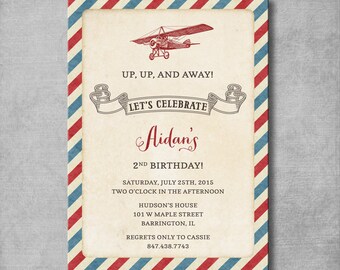 May include: A vintage-style birthday invitation with a red, white, and blue striped border. The invitation features a cartoon airplane and the text "Up, Up, and Away! Let's Celebrate Aidan's 2nd Birthday! Saturday, July 25th, 2015 Two O'Clock in the Afternoon Hudson's House 101 W Maple Street Barrington, IL Regrets Only to Cassie 847.438.7743"