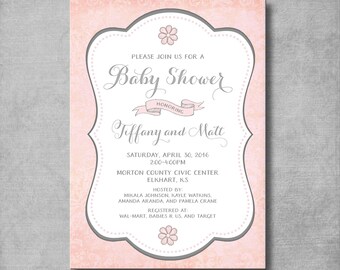 Pink and Gray Shabby Chic Baby Shower Invitation - Floral - Birthday - Bridal Shower - Digital File - Customizable - Printable - DIY - 5x7