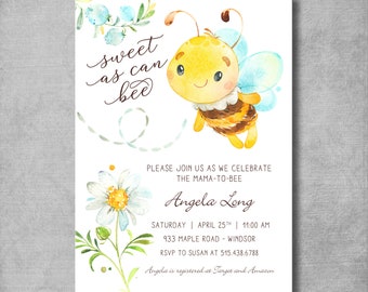 Bee Baby Shower Invitation - Sweet as Can Bee - Gender Neutral - Watercolor - Digital - Printable - Do it yourself - 5x7 Invite Template