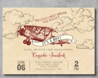 Vintage Airplane Baby Shower Invitation - Baby Boy Shower - Precious Cargo - Red - Birthday - Printable - Digital - DIY - Invite