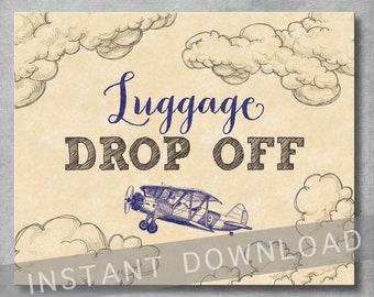 Luggage Drop Off Sign - 8x10 inches - Vintage Airplane Baby Shower - Birthday - Baby Boy - Blue - Digital - Printable - INSTANT DOWNLOAD