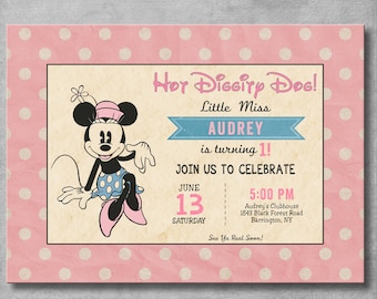 Vintage Minnie Mouse Birthday Invitation - Girl - Pink - Minnie Mouse Themed Party - Birthday - Hot Diggity Dog - Printable - DIY