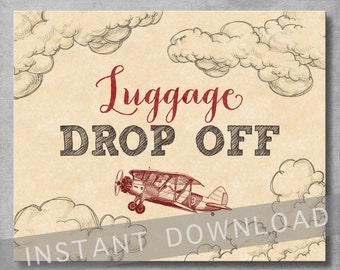 Luggage Drop Off Sign - 8x10 inches - Gifts Sign - Vintage Airplane Baby Shower - Birthday - Red - Digital - Printable - INSTANT DOWNLOAD